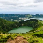 Arial view of a volcanic lake in Sao Miguel, Azores
