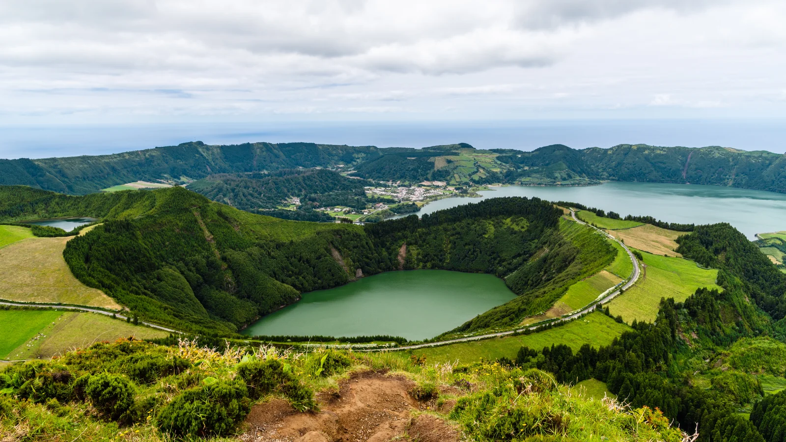 Arial view of a volcanic lake in Sao Miguel, Azores