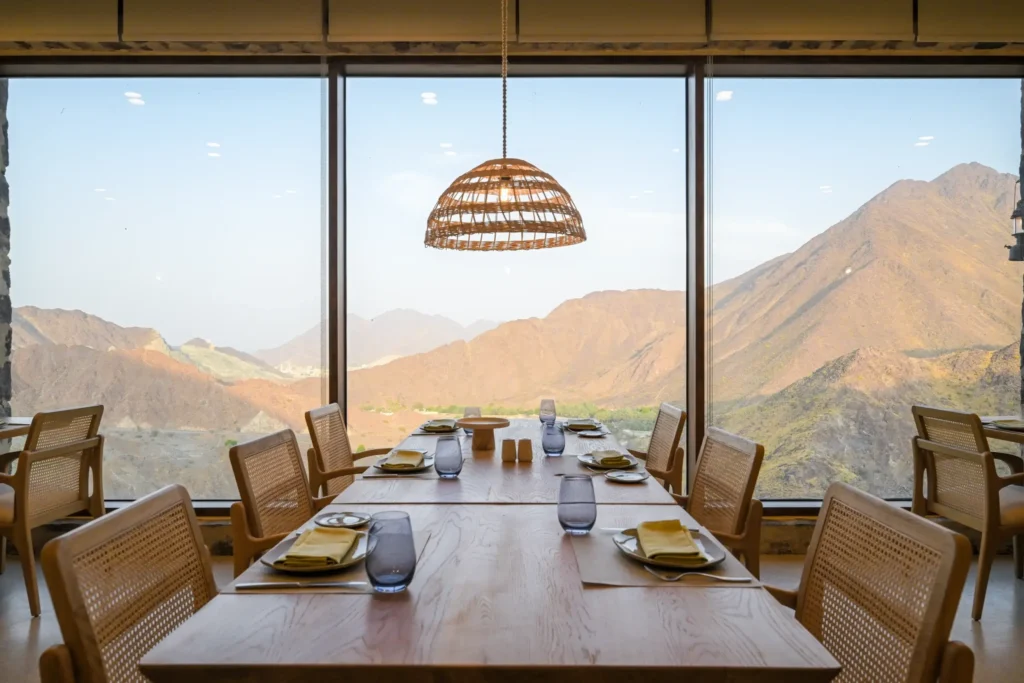 A view on Hajar mountains from the restaurant at Najd Al Meqsar retreat in Khorfakkan UAE