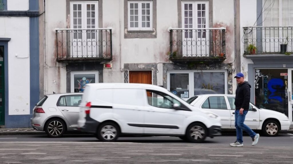 A man walking in Ponta Delgada street, Sao Miguel ,Azores