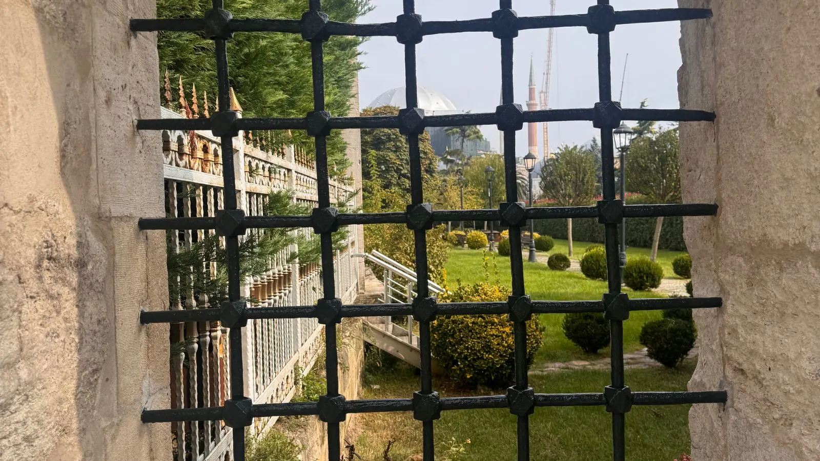 A view of Sultanahmet Meydan through a window. Istanbul