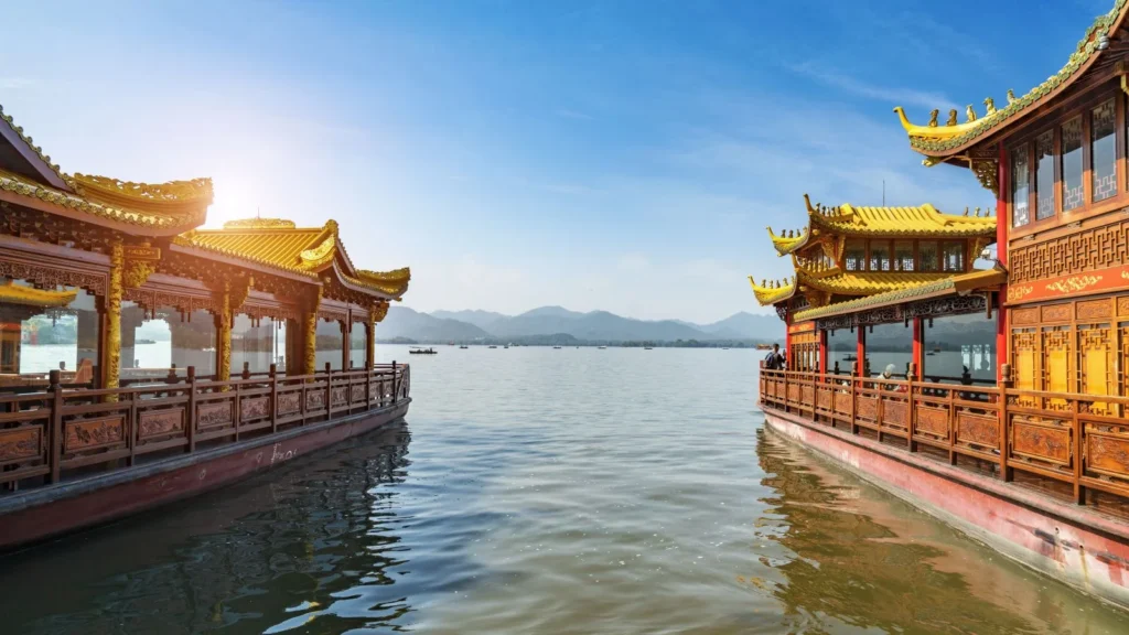Chinese boats in West Lake, Hangzhou